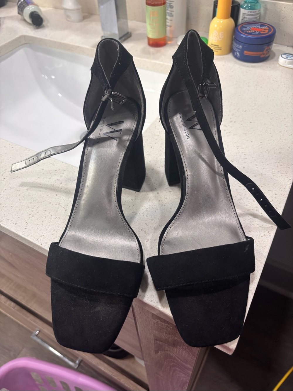 Worthington Black Suede Block Heel Ankle-Strap Sandals